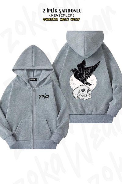 ZOKAWEAR Oversize Crow Moon Skull Back Printed με φερμουάρ και γκρι ζακέτα (2 κλωστές)