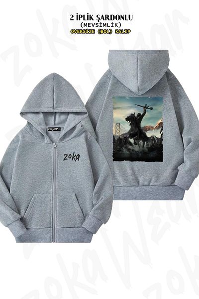ZOKAWEAR Oversize Monkeys Paradise Breaking Dawn Back Printed με φερμουάρ με κουκούλα γκρι ζακέτα (2 κλωστές)