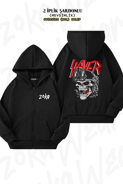 ZOKAWEAR Oversize Slayer, Rock, Metal Back Printed Zip-Up Hooded Black Cardigan (2 Thread)