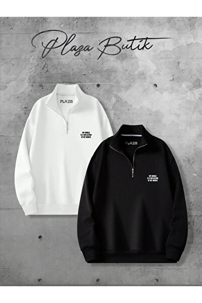 Plaza Butik Hanorac oversize unisex - Croială relaxată, jumătate de fermoar, guler vertical Pachet Double Advantage