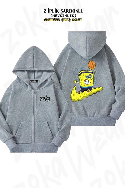 ZOKAWEAR Υπερμεγέθη SpongeBob Sport Back Printed με φερμουάρ και κουκούλα γκρι ζακέτα (2 κλωστές)