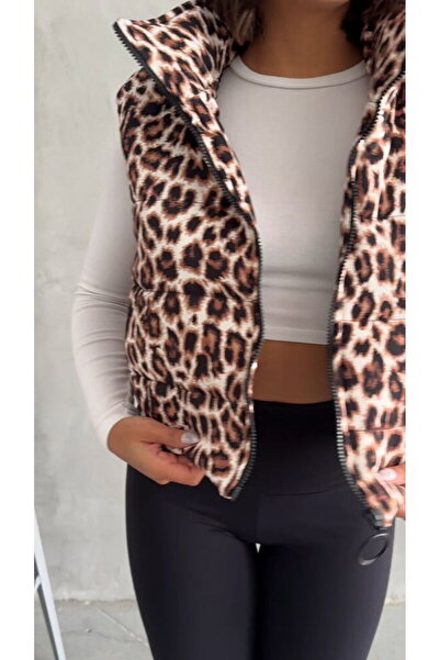 Caddebostan Moda Zippered Leopard Women's Puffer Vest