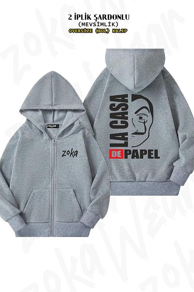 ZOKAWEAR Εικονογράφηση La Casa De Papel - Ζακέτα με γκρι κουκούλα με στάμπα στην πλάτη (2 κλωστές)