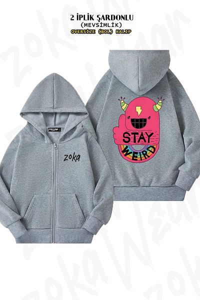 ZOKAWEAR Oversize Stay Weird! Γκρι ζακέτα με φερμουάρ στην πλάτη (2 κλωστές)