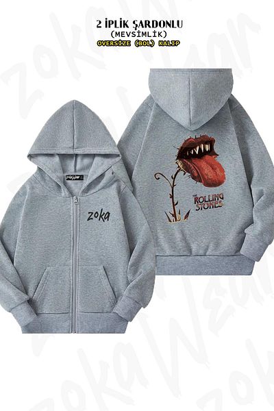 ZOKAWEAR Λογότυπο Rolling Stones Oversize Γκρι ζακέτα - Πίσω στάμπα, φερμουάρ, κουκούλα (2 κλωστές)