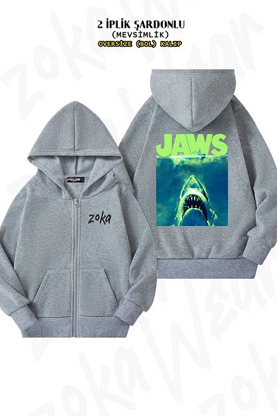 ZOKAWEAR Oversize Jaws Surfacing Neon Αφίσα Πίσω Εκτύπωση με φερμουάρ με κουκούλα γκρι ζακέτα (2 κλωστές)