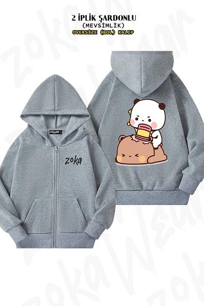 ZOKAWEAR Υπερμεγέθη Panda And Brownie Bear Ζακέτα με φερμουάρ σε γκρι χρώμα (2 κλωστές)