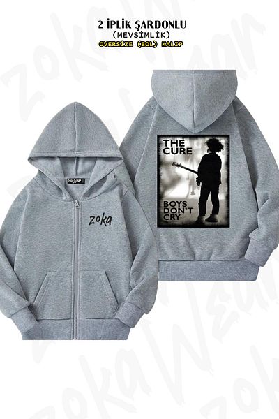 ZOKAWEAR The Cure Boys Oversize Grey Hooded Cardigan - Πίσω στάμπα, με φερμουάρ (2 κλωστές)
