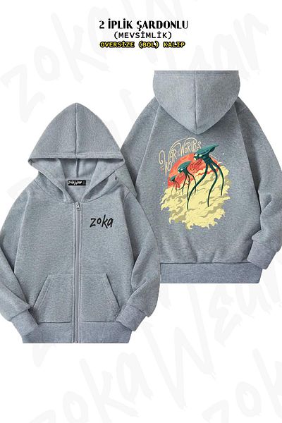 ZOKAWEAR War Of The World Back Printed - Γκρι ζακέτα με κουκούλα με φερμουάρ (2 κλωστές)