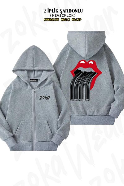ZOKAWEAR Rolling Stones Barcode Pattern - Γκρι υπερμεγέθη ζακέτα με φερμουάρ και κουκούλα (2 κλωστές)