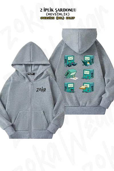 ZOKAWEAR Oversize Bmo Back Printed με φερμουάρ και κουκούλα γκρι ζακέτα (2 κλωστές)