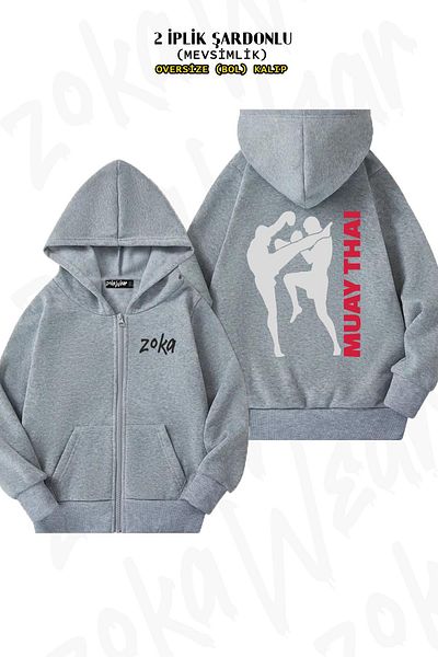 ZOKAWEAR Υπερμεγέθη Muay Thai Back Printed με φερμουάρ και κουκούλα γκρι ζακέτα (2 κλωστές)
