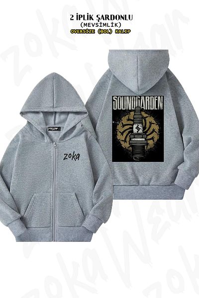 ZOKAWEAR Oversize Soundgarden3 Back Printed με φερμουάρ και κουκούλα γκρι ζακέτα (2 κλωστές)