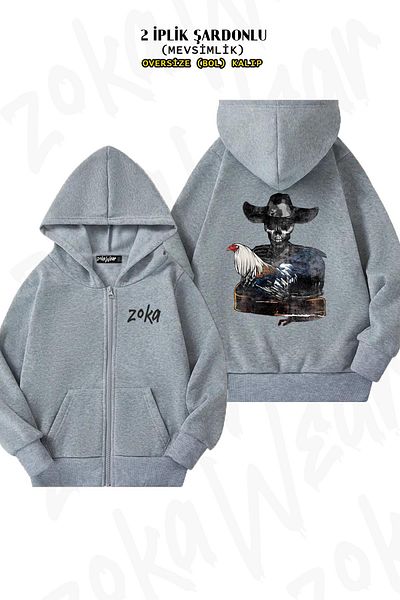ZOKAWEAR Soy Gallero Cock Fight - Grey Oversize Cardigan with Back Print, Zipper and Hoodie (2 Thread)