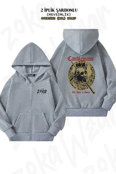 ZOKAWEAR Oversize Candlemass Back Printed με φερμουάρ και κουκούλα γκρι ζακέτα (2 κλωστές)
