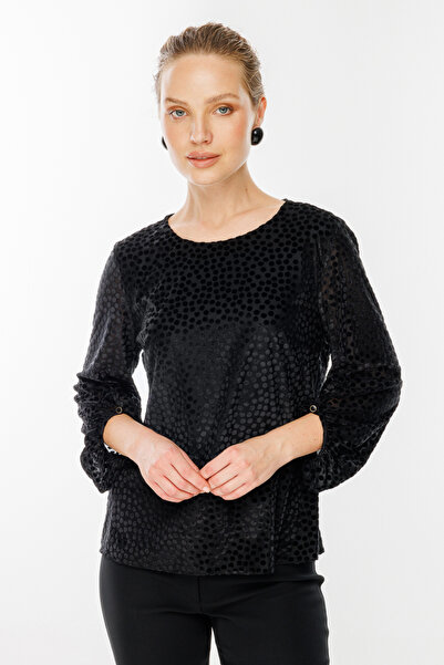 Ekol Desenli Kol Ucu Düğmeli Bluz Siyah