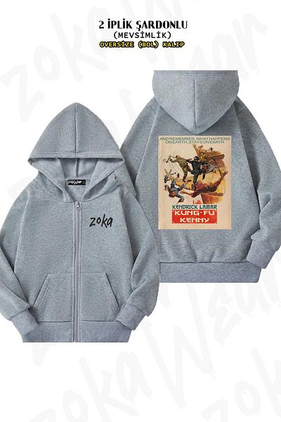 ZOKAWEAR Kendrick Lamar Kung Fu Kenny Print - Γκρι ζακέτα με φερμουάρ και κουκούλα (2 κλωστές)