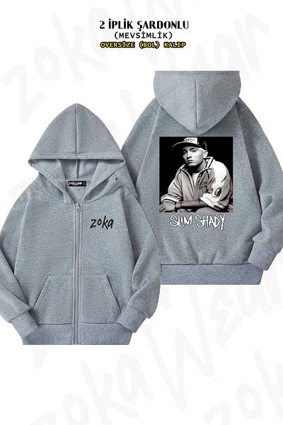 ZOKAWEAR Eminem Slim Shady 08 Grey Hooded Cardigan - Back Print, Zip-Up, 2 Thread