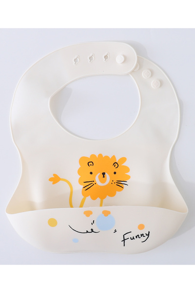 Fab N Funky Silicone Lion Print Bib - Beige, Water-Repellent, Soft Neck Closure for Babies 0+ Months