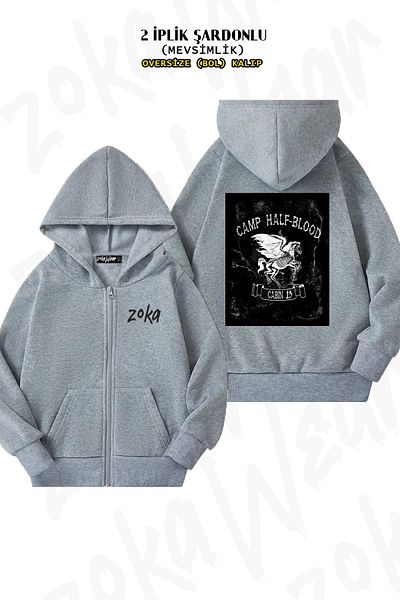 ZOKAWEAR Oversize Cabin Thirteen Camp Half Blood 2 Back Printed Zip-Up Hooded Gray Cardigan (2 Thread)