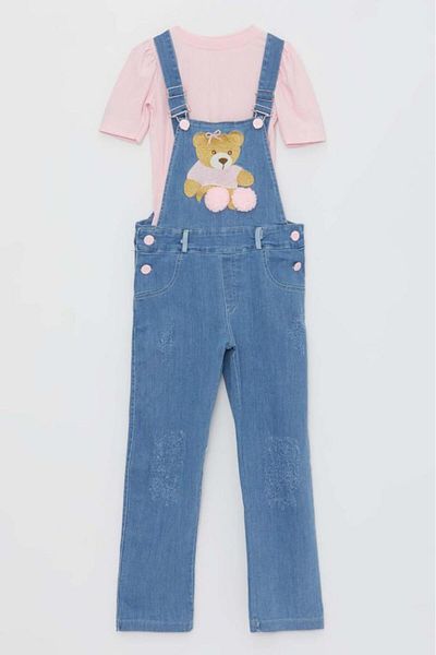 Riccotarz Girl's Teddy Bear Printed Pompom Detailed Light Blue Jumpsuit with Slings