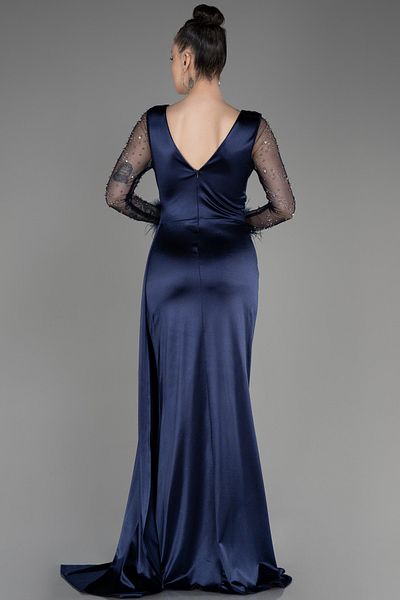 Efelif Navy Blue Stone Long Sleeve Slit Satin Abu39855