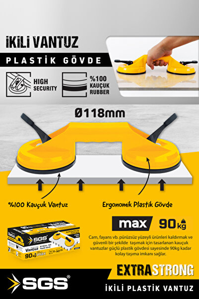 SGS SGS945 90 Kg Çiftli Vantuz Cam Granit Seramik Laminat Ahşap Ayna Taşıma Vantuzu