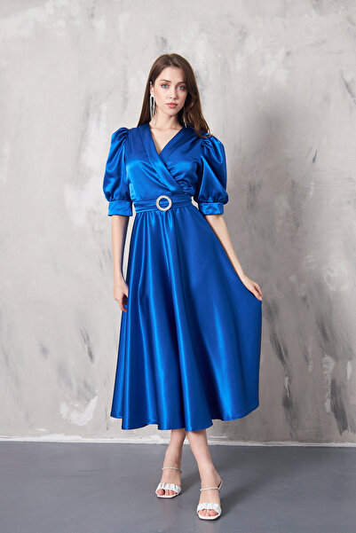 SEVGİHELLAÇ LAVİN kruvaze yaka kloş midi boy elbise