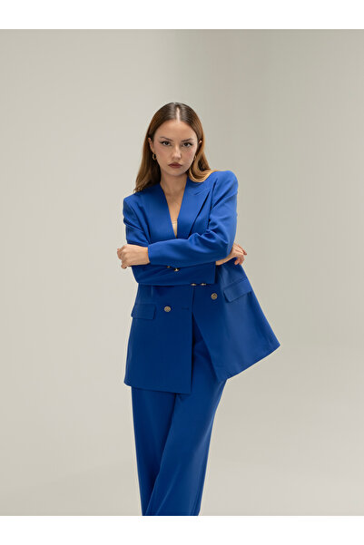 MY COUSİN Kruvaze Vatkalı Astarlı Gümüş Düğme Tek Yaka Blazer ceket