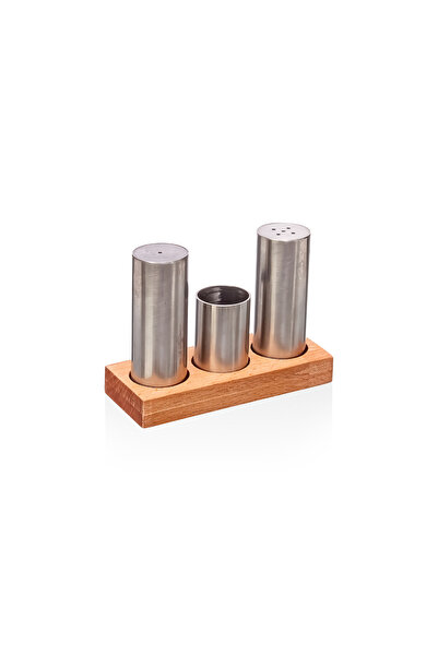 steelx Ahşap Standlı Paslanmaz Çelik Tuz+Biber+Kürdanlık Seti