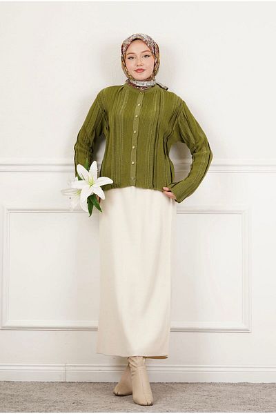 Butik Hijab Cardigan for Women - Khaki Glitter, Buttoned, Soft, Crop, Plush