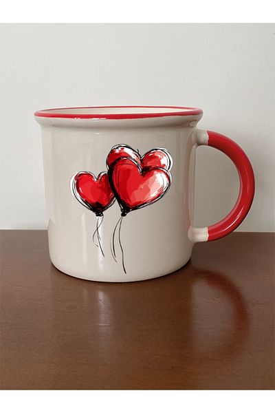 lili hediyelik Heart Balloons Printed Red Mug Cup Birthday Gift