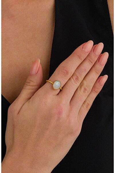 Ricco Jewellery 14 K Gold Kaplama 925 Ayar Gümüş Naturel Ay Taşlı El Işi Yüzük