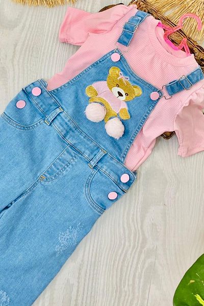 Riccotarz Girl's Teddy Bear Printed Pompom Detailed Light Blue Jumpsuit with Slings