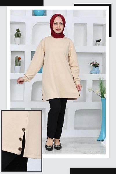 FERRY BUTİK Women's Hijab Tuniq with Stretchy Crown - Crew Neck, Slit Detail and Button