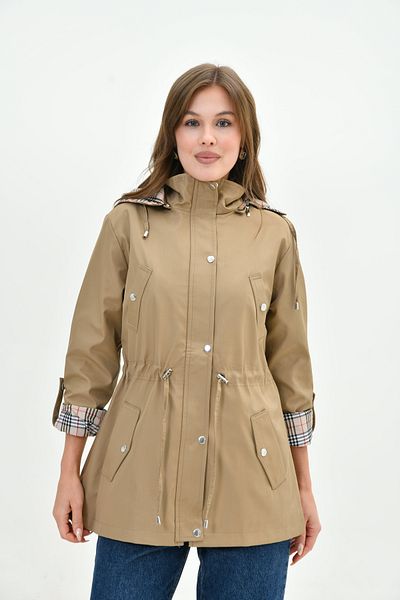 Butik Women's Water Resistant Plus Size Zip-Up Hooded Plaid Trench Coat