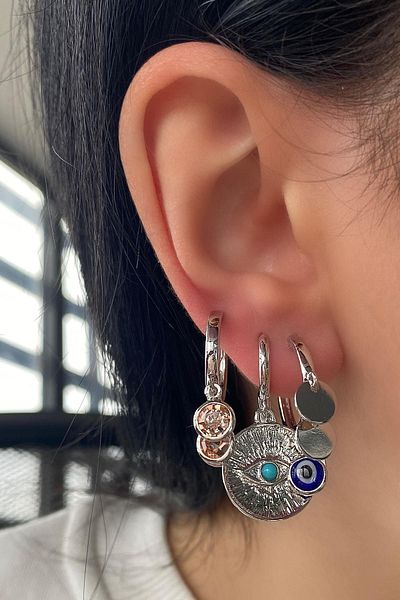 TAKIŞTIR Silver Color Eye Figured Earrings Set of 3