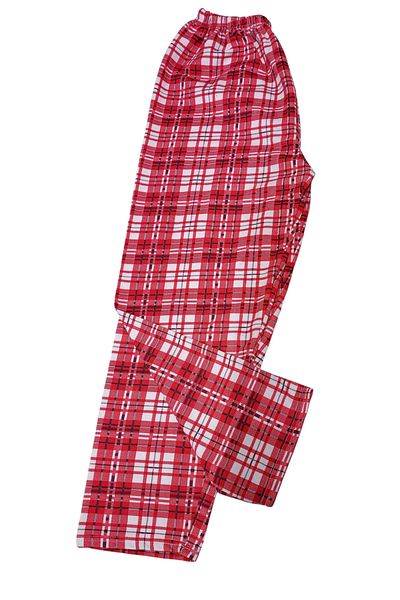 DERENE Unisex 2 Yarn Oversized Red White Plaid Raised Combed Cotton Sleepwear Bottoms