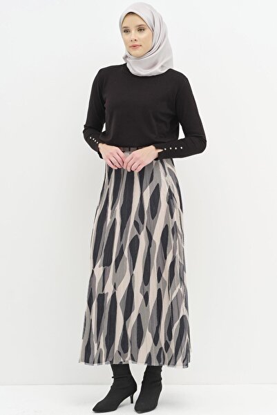 Tuğba Desenli File Plisoley Etek - Siyah