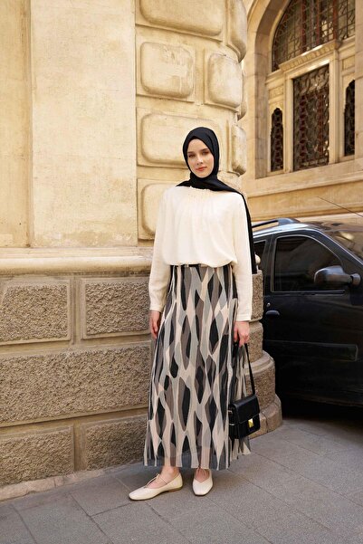 Tuğba Desenli File Plisoley Etek - Siyah