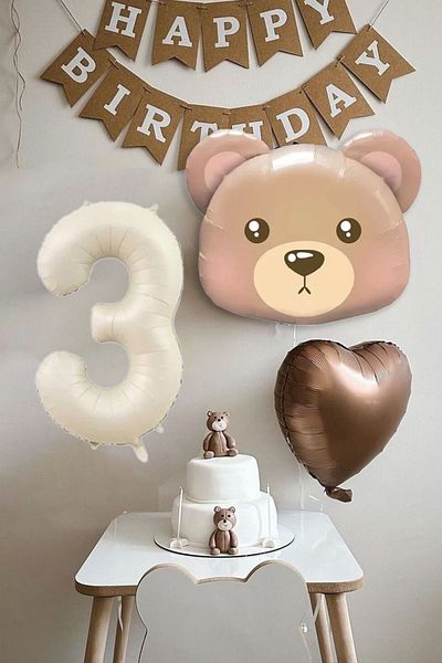 Atölye Mi 3 Years Old Birthday Teddy Bear Bear Themed Birthday Balloon Set