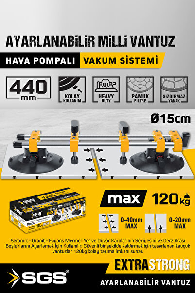 SGS SGS960 120 KG İkili Ayarlanabilir Milli Vantuz Hava Pompalı Vakum Sistemi...