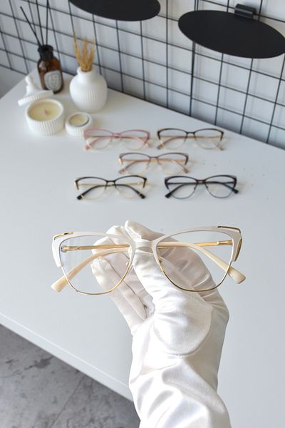 LOOKUP NEW Unisex Women's-men's Cat Eye Glasses - Cream Gold Metal, Transparent Blue, Light Protection, Blue Block with Filter