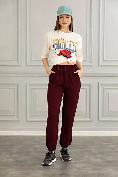 naymanlife Pantaloni de trening pentru femei, din țesătură modal bordeaux, cu...