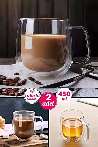 Rosemor 2'li Çift Cidarlı Cam Kupa Bardak 450 ml Fincanı Çift Katlı Ev Ofis