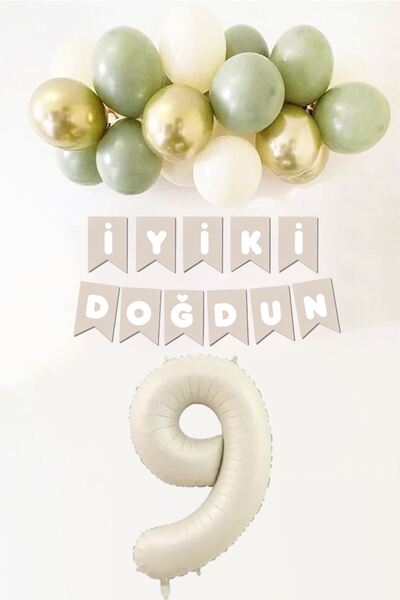 Atölye Mi Σετ μπαλονιών γενεθλίων 9 ετών Mold Green Sea Sand με χρυσό μπαλόνι πανό