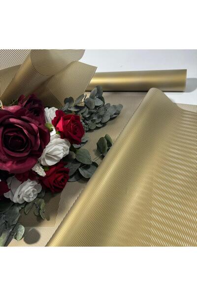 weloveis Çizgili Altın Renk Çiçek Buket Kağıtı&Paketleme Mazemesi 55x55cm-10 Sayfa
