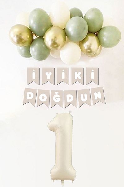 Atölye Mi 1 Year Birthday Mold Green Sea Sand Gold Balloon Birthday Balloon Set with Banner