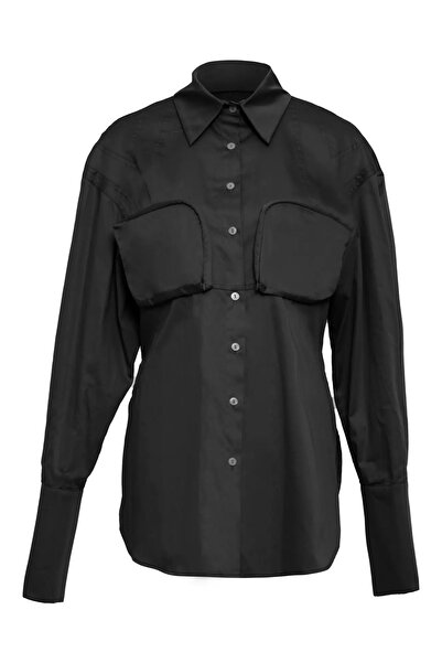 Keikei Siyah poplin uzun kol uzun gömlek