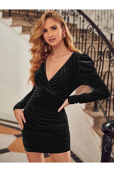 modaserdem Rochie de damă, cu mânecă lungă, cu guler dublu, adunată lateral, din catifea